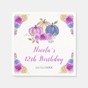 Serviette En Papier Violet et bleu marine Floral Citrouilles Anniversa