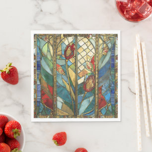 Serviette En Papier Vitrail Coquelicots Chef Rouge au Lever du Soleil