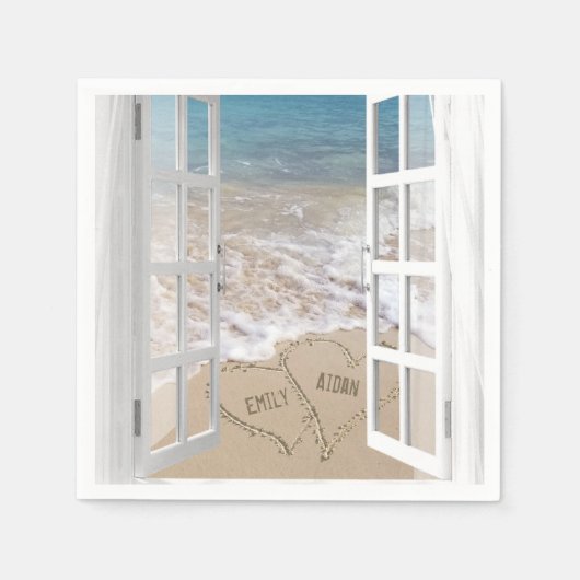 Serviette En Papier Vitrine de mariage de plage avec coeur (Devant)