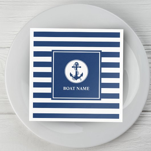 Serviette En Papier Votre nom de bateau Corde & Ancre Bleu Stripes