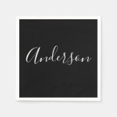 Serviette En Papier Votre nom | Élégant script blanc sur noir (Devant)