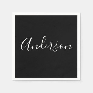 Serviette En Papier Votre nom   Élégant script blanc sur noir