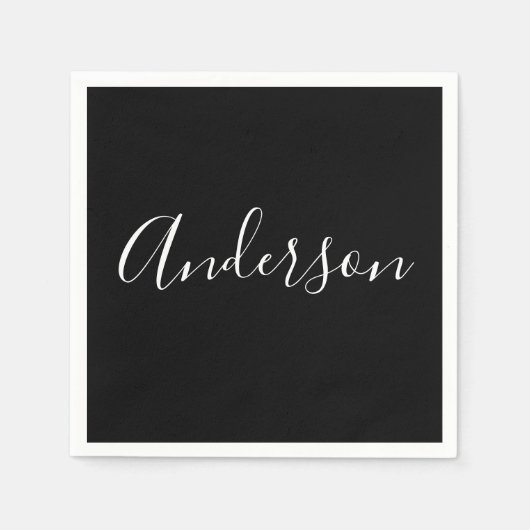 Serviette En Papier Votre nom | Élégant script blanc sur noir (Devant)
