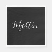 Serviette En Papier Votre nom | Élégant script blanc sur noir (Devant)