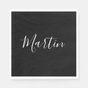 Serviette En Papier Votre nom   Élégant script blanc sur noir