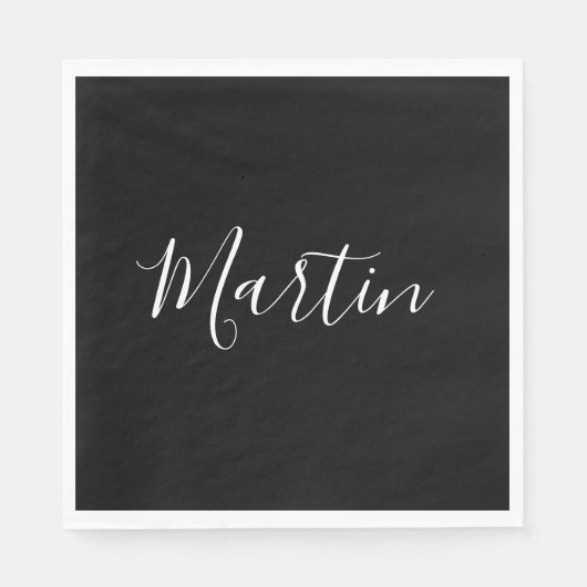Serviette En Papier Votre nom | Élégant script blanc sur noir (Devant)