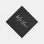 Serviette En Papier Votre nom | Élégant script blanc sur noir (Coin)