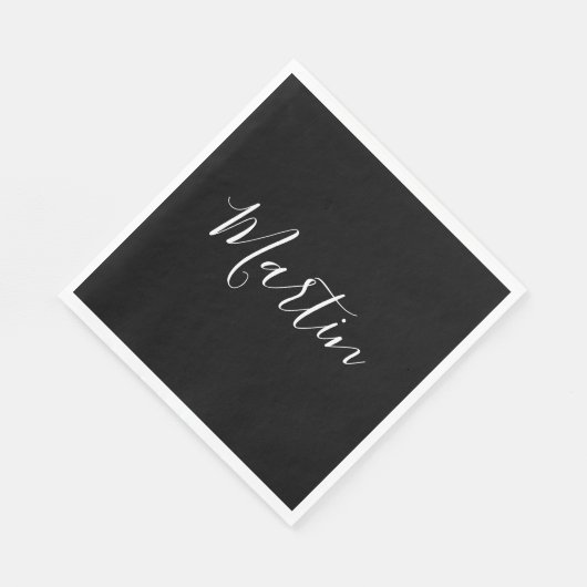 Serviette En Papier Votre nom | Élégant script blanc sur noir (Coin)