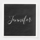 Serviette En Papier Votre nom | Élégant script blanc sur noir (Devant)