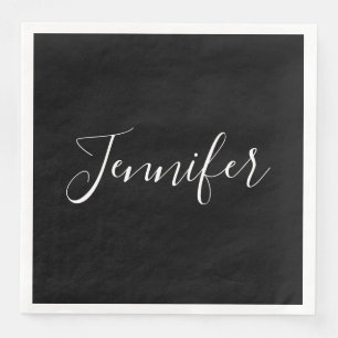 Serviette En Papier Votre nom   Élégant script blanc sur noir