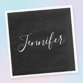 Serviette En Papier Votre nom | Élégant script blanc sur noir