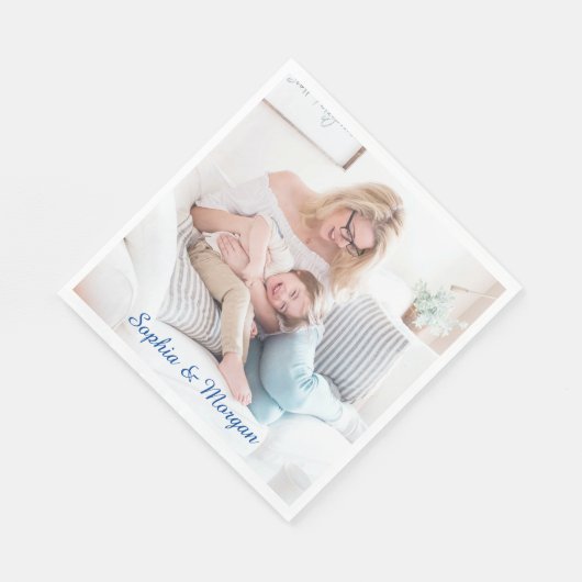 Serviette En Papier Votre photo et nom(s) en Script bleu (Coin)