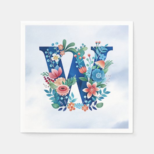 Serviette En Papier "'W' ornate blue monogram" (Devant)