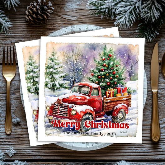 Serviette En Papier Warm red truck Christmas scene rustic paper napkin