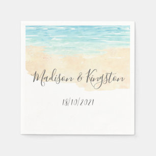 Serviette En Papier Watercolor Blue Beach Wedding Réception