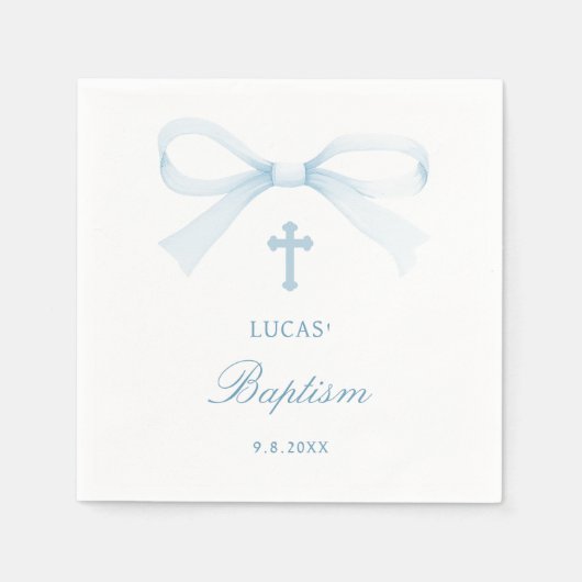 Serviette En Papier Watercolor Blue Bow Baptism (Devant)