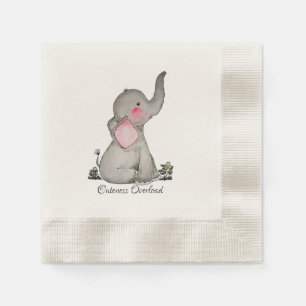 Serviette En Papier Watercolor Cute Baby Elephant With Blush & Flowers