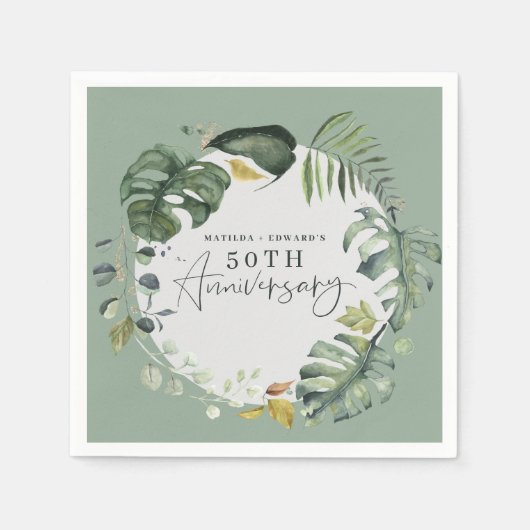 Serviette En Papier Watercolor feuillage 50e anniversaire mariage (Devant)