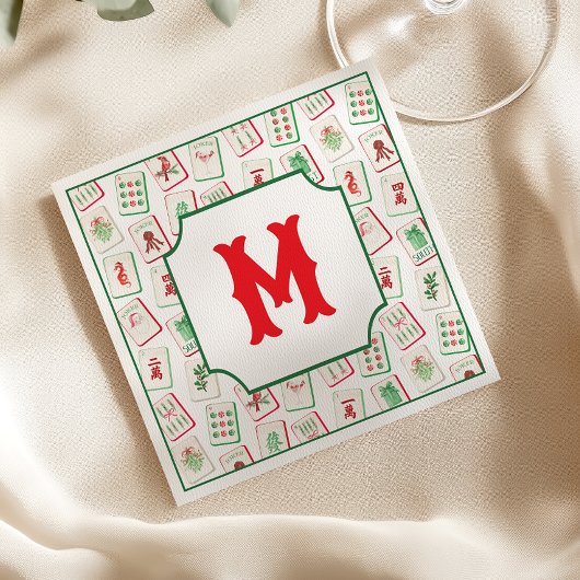 Serviette En Papier Watercolor Mahjong Red & Green Christmas Monogram