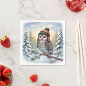 Serviette En Papier Watercolor Owl In Winter Hat (En situation)