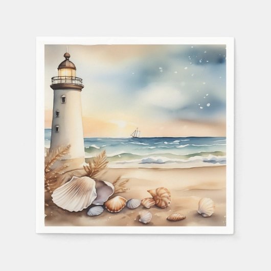 Serviette En Papier Watercolor Phare et plage (Devant)