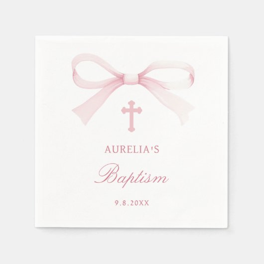 Serviette En Papier Watercolor Pink Bow Baptism (Devant)
