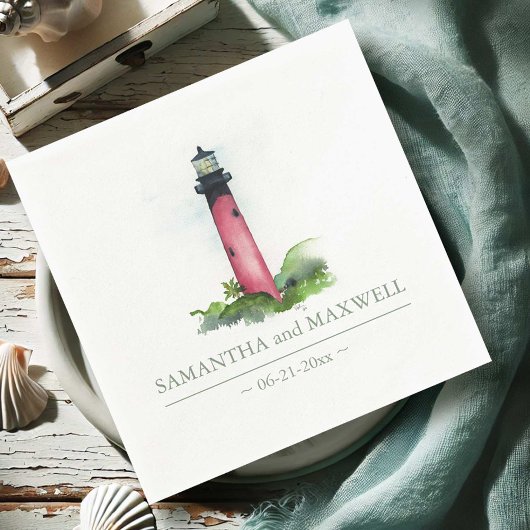 Serviette En Papier Watercolor Red Lighthouse Beach Wedding