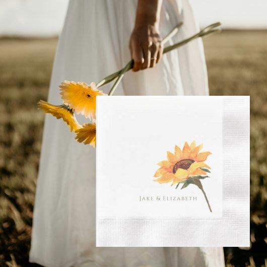 Serviette En Papier Watercolor Sunflower Personalized Coined Wedding