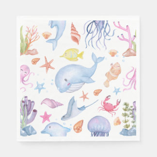 Serviette En Papier Watercolor Under the Sea Cute Ocean Animals Party 
