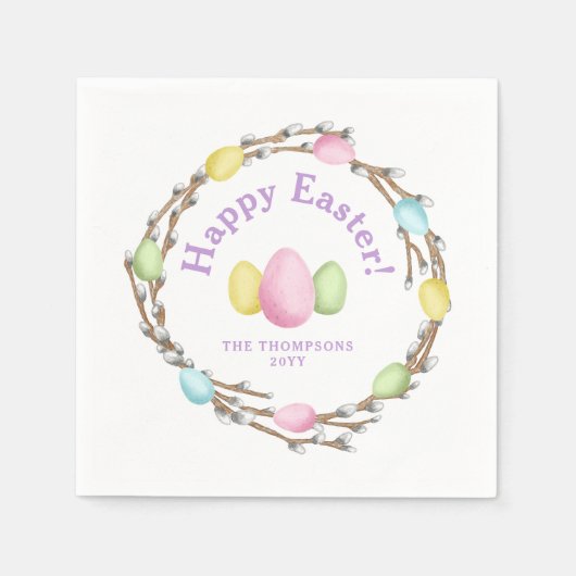 Serviette En Papier Watercolor Willow Wreath Pastel Happy Easter (Devant)