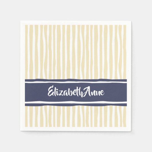 Serviette En Papier Wavy Painterly Stripes Navy and Cream With Name (Devant)