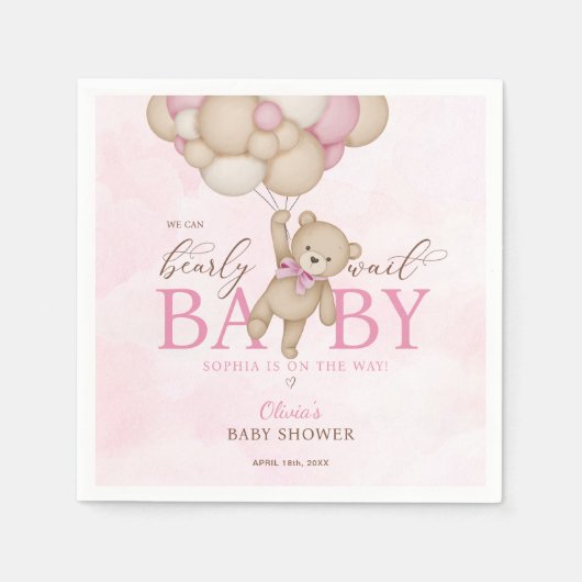 Serviette En Papier We Can Bearly Wait Pink Baby Shower (Devant)