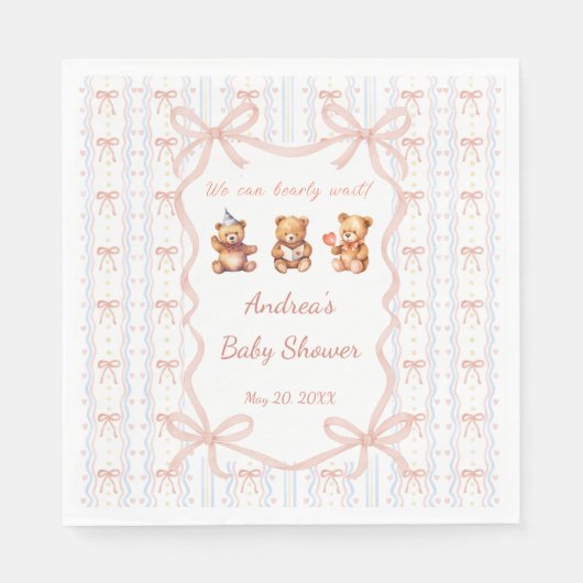 Serviette En Papier We Can Bearly Wait Pink Lace Ribbon Baby Shower  (Devant)