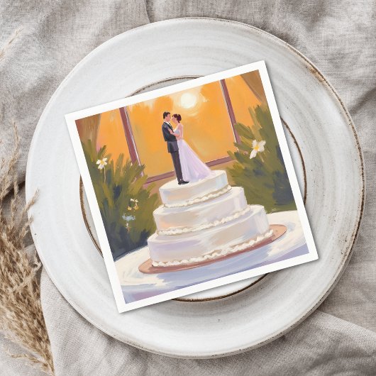 Serviette En Papier Wedding Cake Bride & Groom Brunette Watercolor