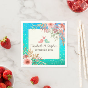 Serviette En Papier Wedding shower Elégant rose Floral Turquoise Gold 