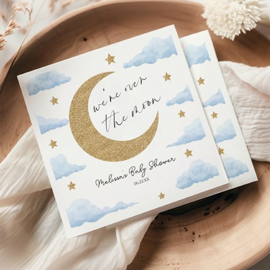 Serviette En Papier We're Over The Moon Blue Celestial Baby Shower