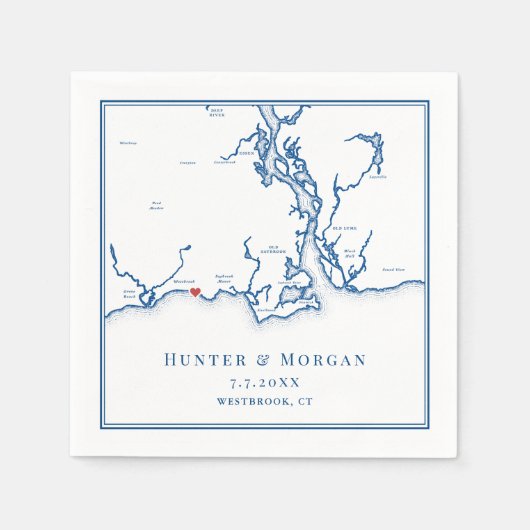 Serviette En Papier Westbrook CT Map Élégant Mariage bleu marine (Devant)