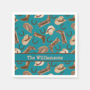 Serviette En Papier Western Cowboy Boots Casquette Turquoise Nom Perso