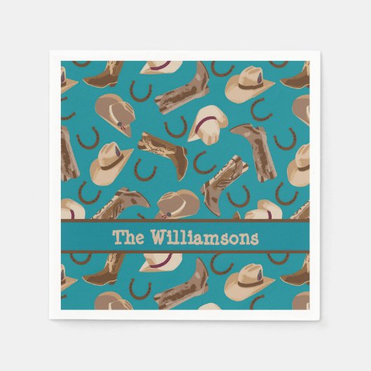 Serviette En Papier Western Cowboy Boots Casquette Turquoise Nom Perso (Devant)