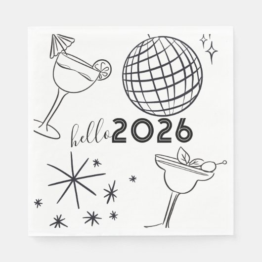 Serviette En Papier Whimiscal Doodles Hello 2026 New Years Gold (Devant)