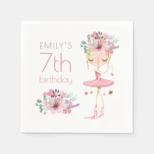 Serviette En Papier Whimsical Ballerina Floral 7ème anniversaire Fille (Devant)