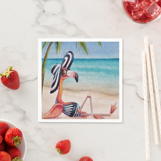 Serviette En Papier Whimsical Beach Babe Flamant rose No 1 Aquarelle A (En situation)