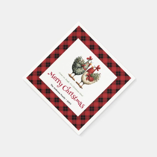 Serviette En Papier Whimsical chickens Christmas napkins editable name (Coin)