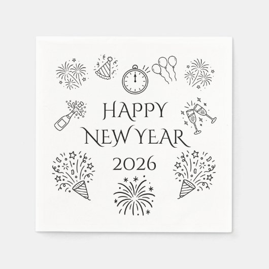 Serviette En Papier Whimsical Doodles Happy New Year 2026 (Devant)