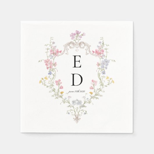 Serviette En Papier Whimsical Elegant Rococo Floral Crest Monogram (Devant)