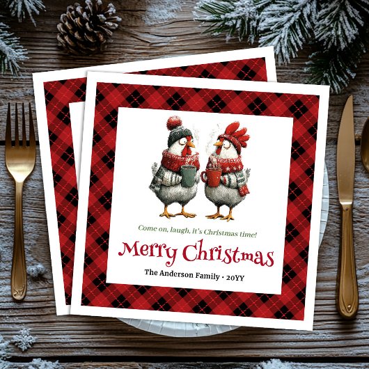 Serviette En Papier Whimsical festive chickens napkin with custom name