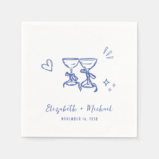 Serviette En Papier Whimsical Hand Drawn Blue Wine Glasses Wedding (Devant)