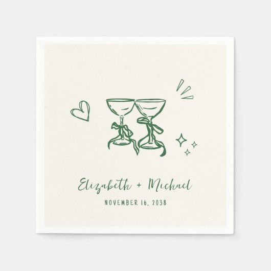 Serviette En Papier Whimsical Hand Drawn Green Cream Wedding (Devant)
