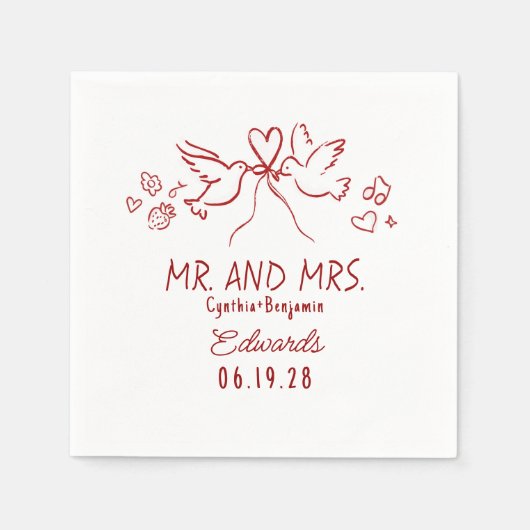 Serviette En Papier Whimsical Hand Drawn Love Birds Wedding Napkins (Devant)