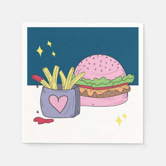 Serviette En Papier Whimsical Pink Burger et Fries fête d'anniversaire (Devant)